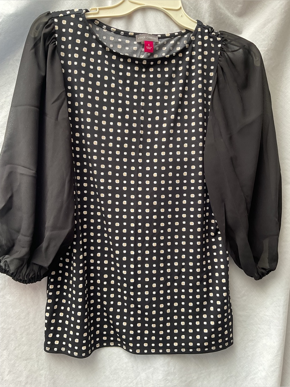 Vince Camuto Black Blouse with White Square Dot Front and Sheer Puff Sleeves